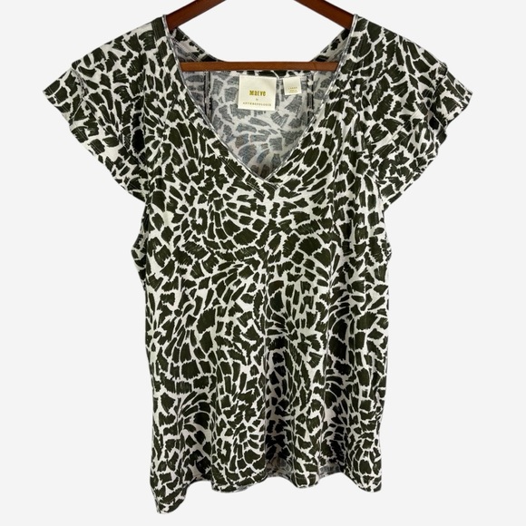 Anthropologie Maeve Catie Ruffle Sleeve Top Size L Large V-Neck Green Motif - Picture 4 of 13